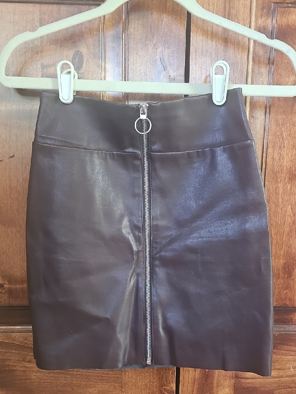 Express Chocolate Brown Faux Leather Zip-Front Mini Skirt